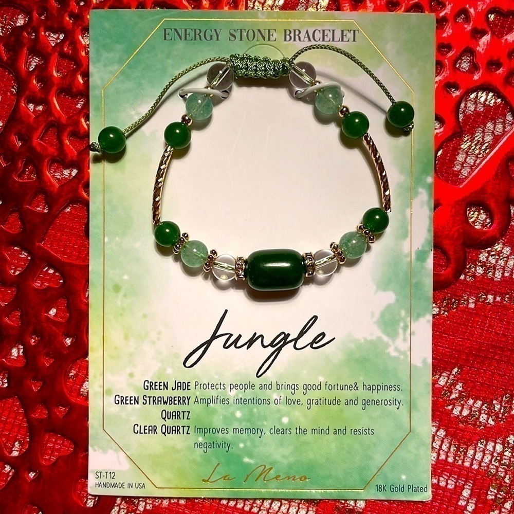 Brand New La Meno 18k Gold Plated Green Jade & Quartz Energy Stone Bracelet